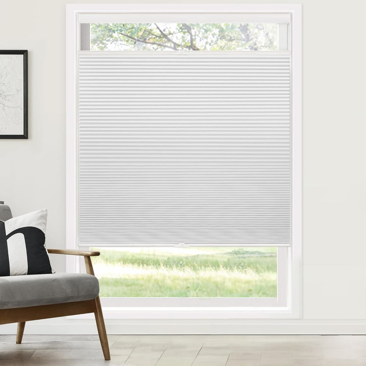White top-down bottom-up cellular honeycomb shade: on a window