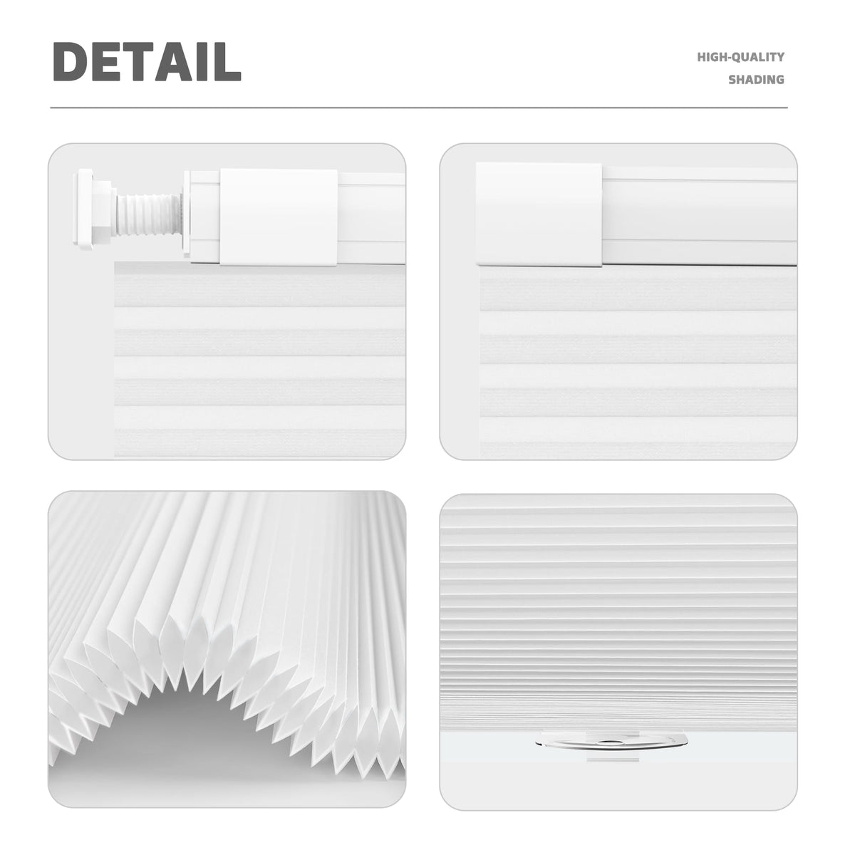 White no-drill cellular honeycomb shade: headrail, fabric and bottom rail details
