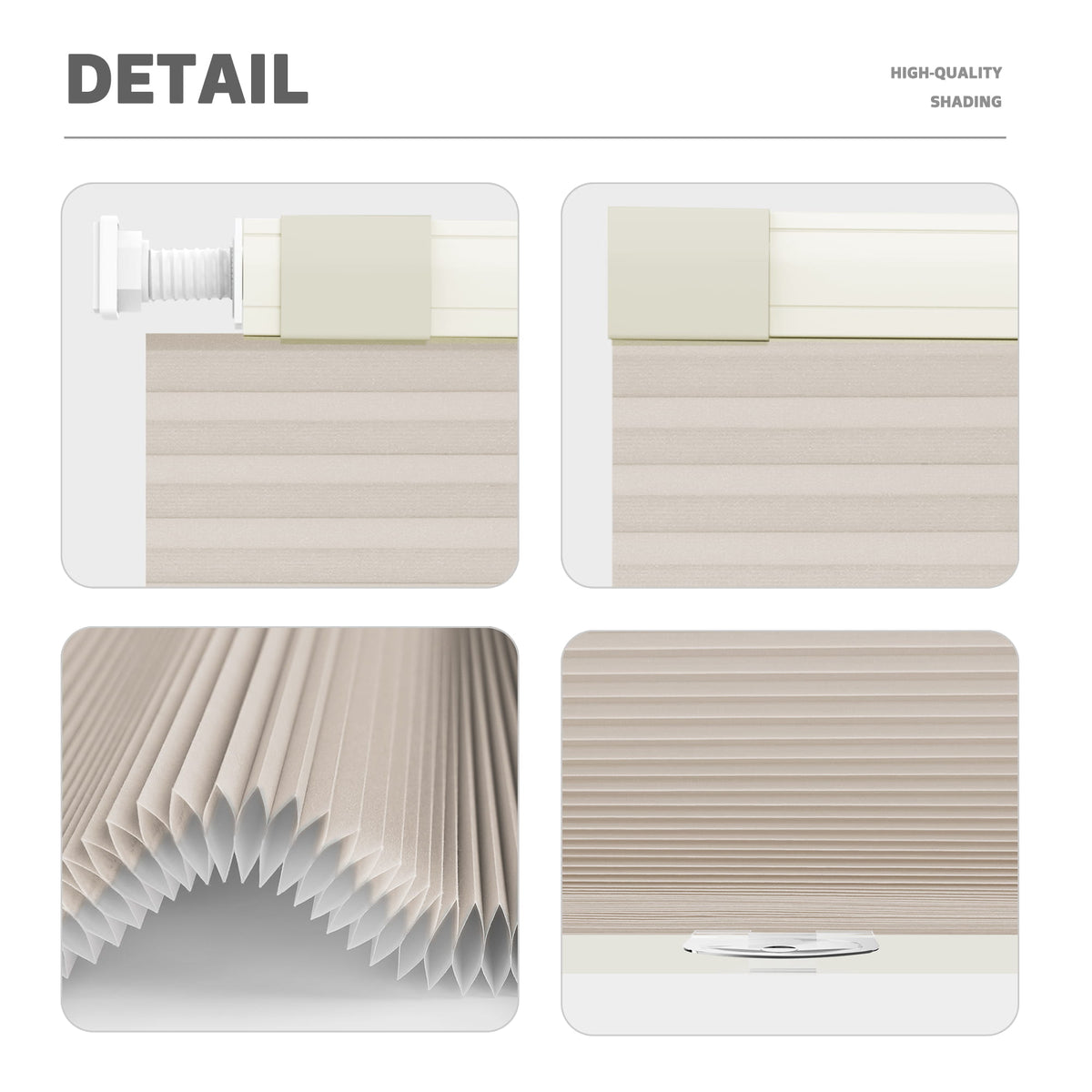 Beige no-drill cellular honeycomb shade: headrail, fabric and bottom rail details