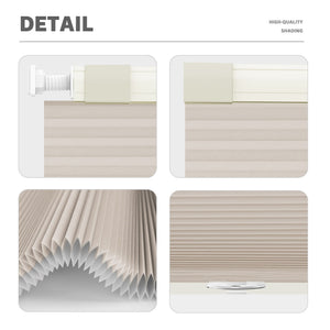 Beige no-drill cellular honeycomb shade: headrail, fabric and bottom rail details