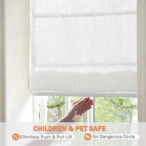 White Roman shade: cordless lift operation