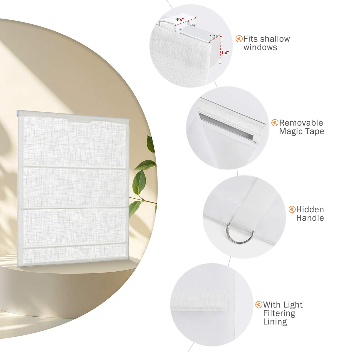 White Roman shade: headrail, fabric and bottom rail details