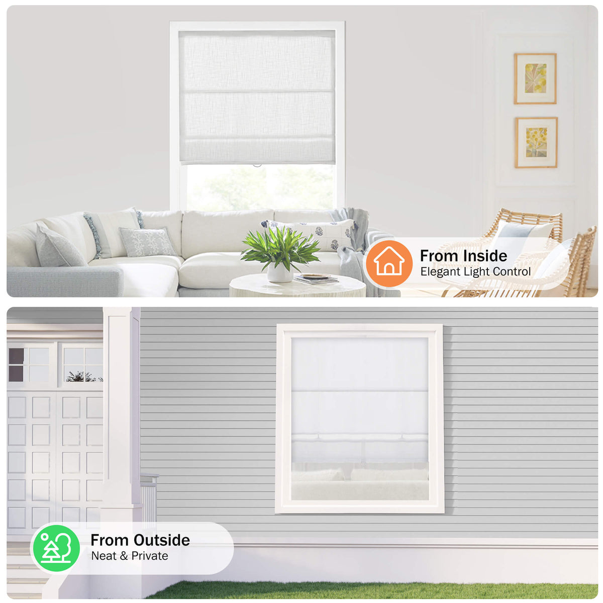 White Roman shade: front and back construction