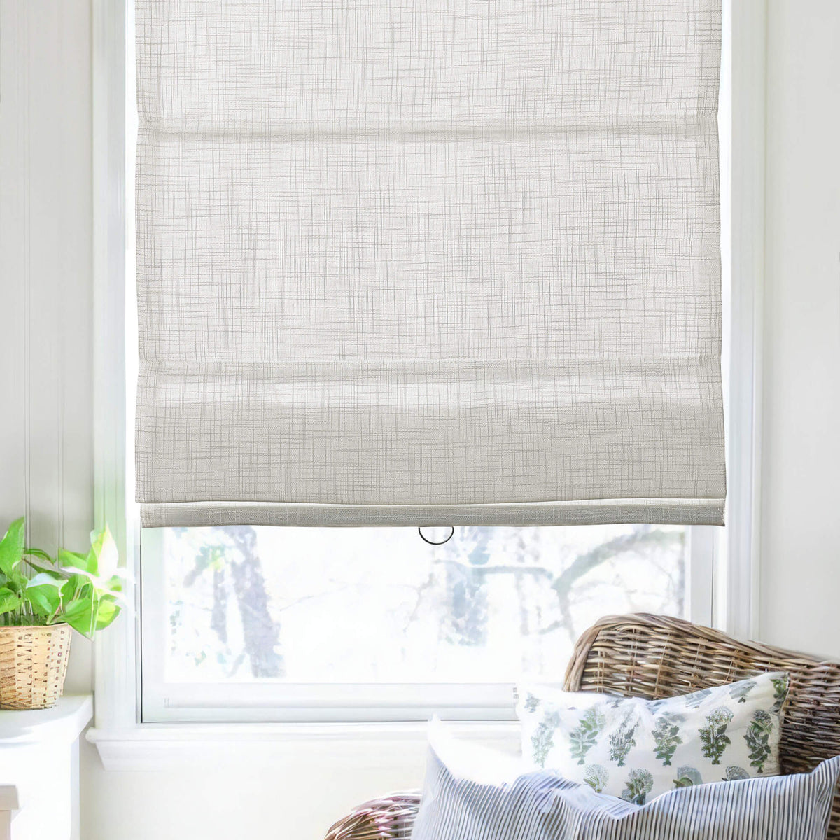 Beige Roman shade: on a window