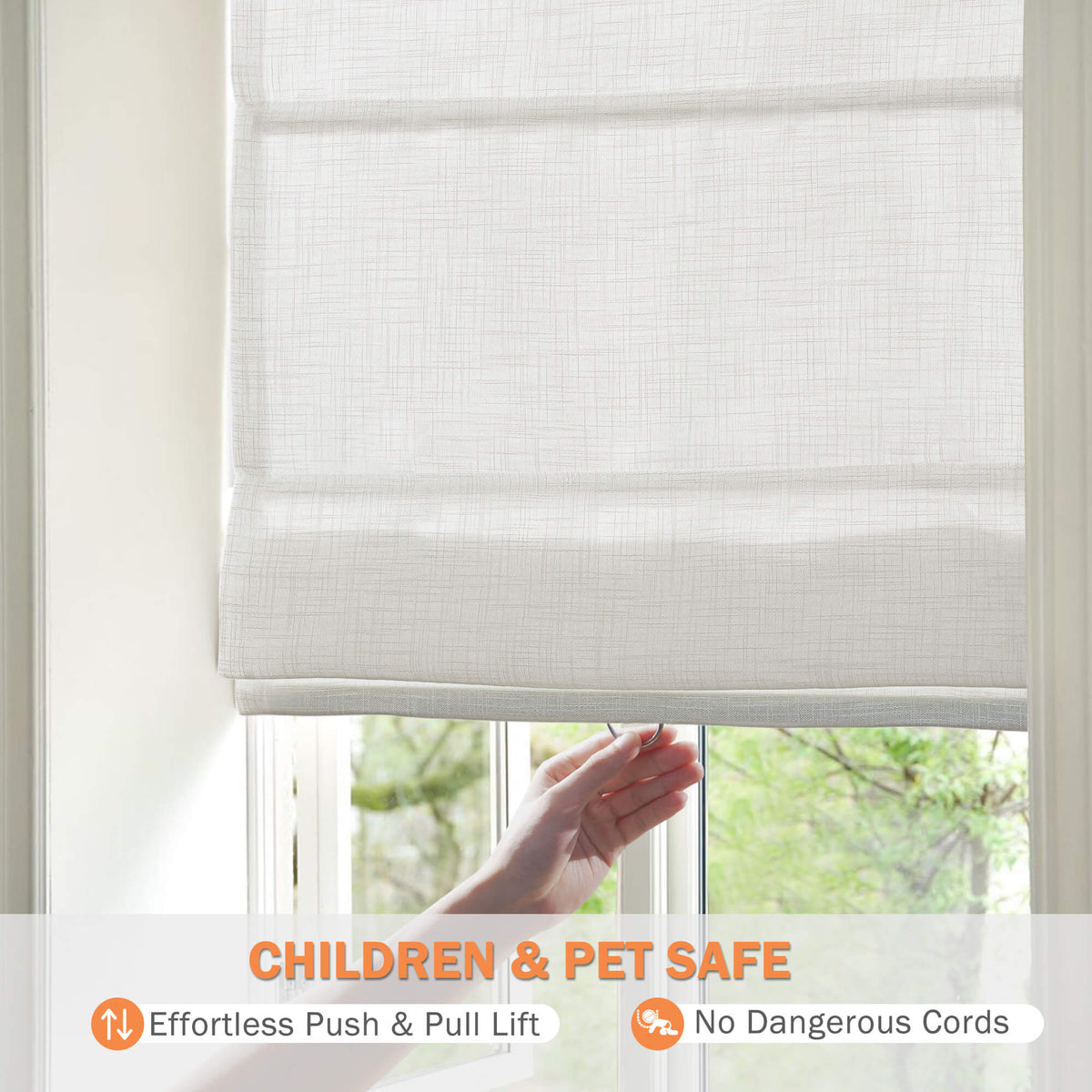 Beige Roman shade: cordless lift operation