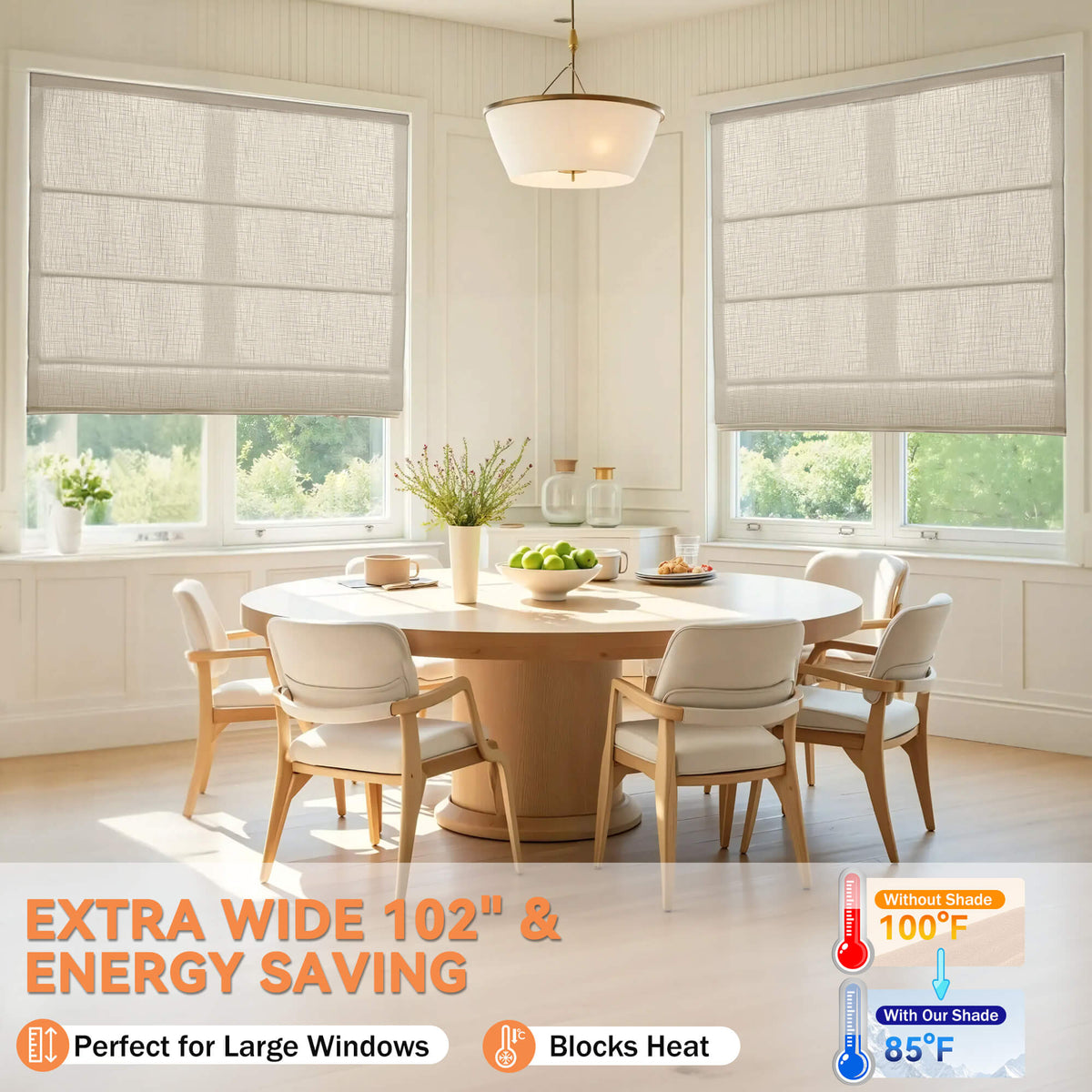 Brown Roman shade: in a dining room