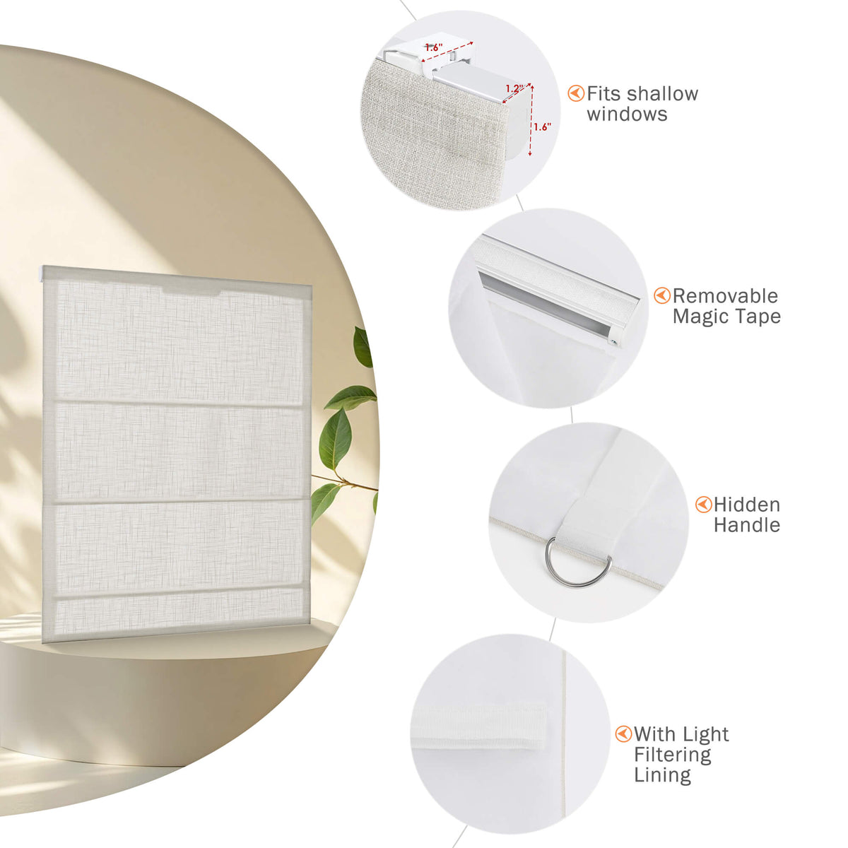 Beige Roman shade: headrail, fabric and bottom rail details