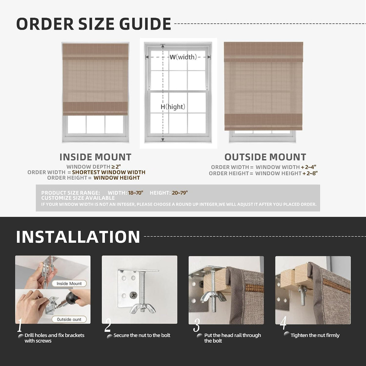 Measuring and installation guide for bamboo Roman shades