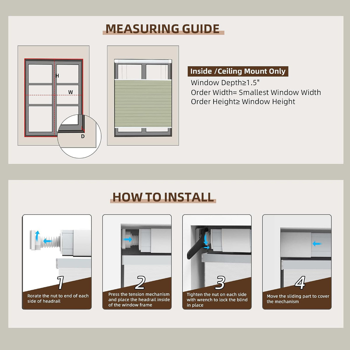 Measuring and installation guide for top-down bottom-up no-drill cellular honeycomb shades
