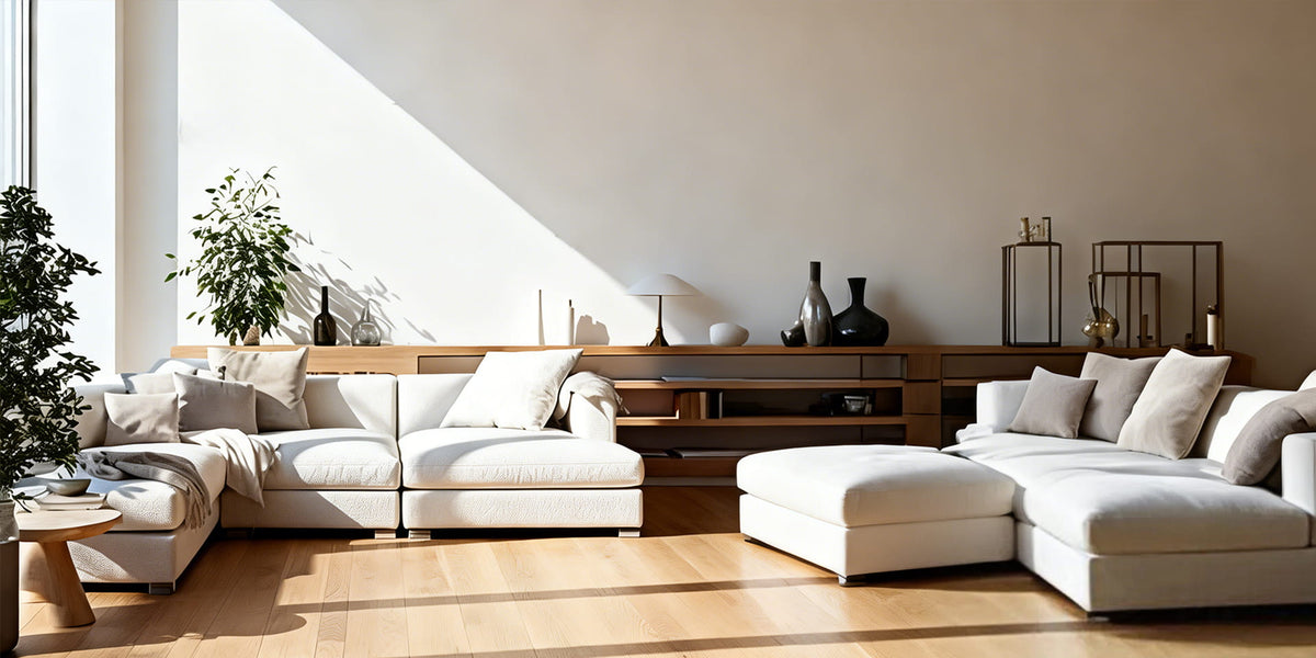 Bright living room with a neutral sectional sofa and large windows