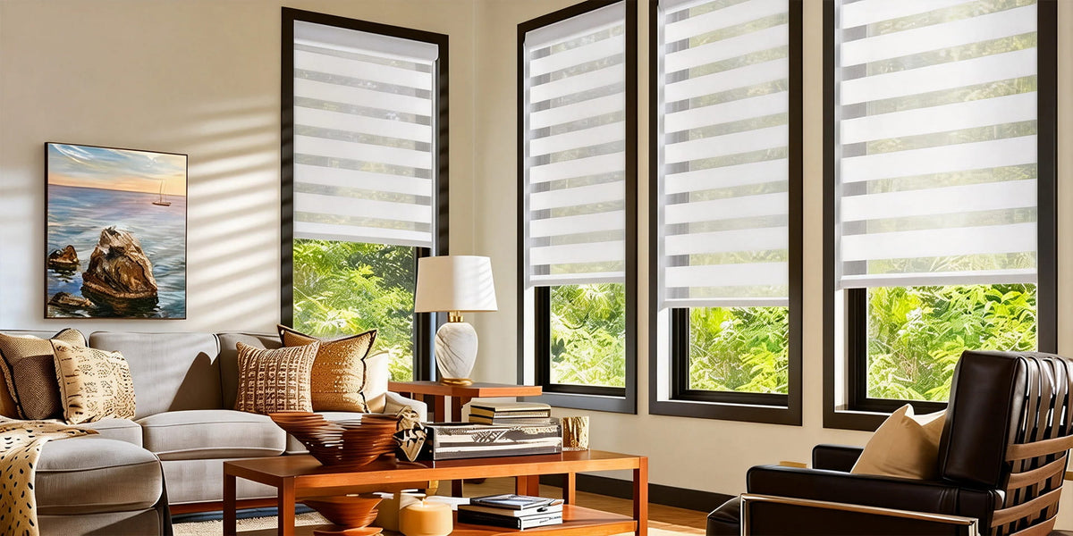 Zebra blinds on tall living room windows