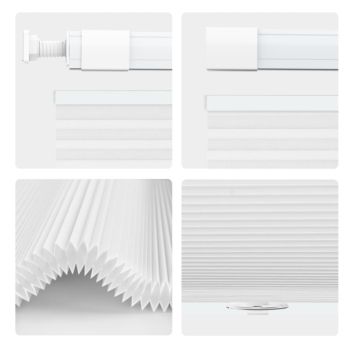White top-down bottom-up no-drill cellular honeycomb shade: headrail, fabric and bottom rail details