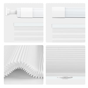 White top-down bottom-up no-drill cellular honeycomb shade: headrail, fabric and bottom rail details