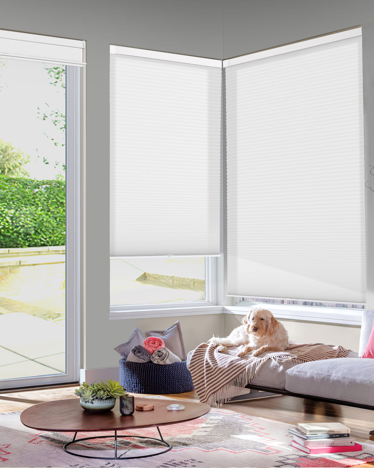 White no-drill cellular honeycomb shade: in a furnished room