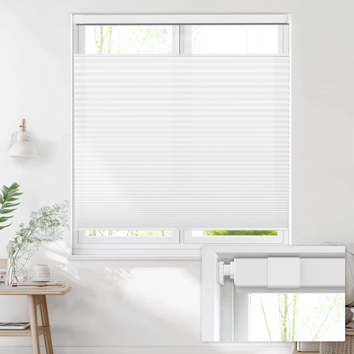 White top-down bottom-up no-drill cellular honeycomb shade: on a window