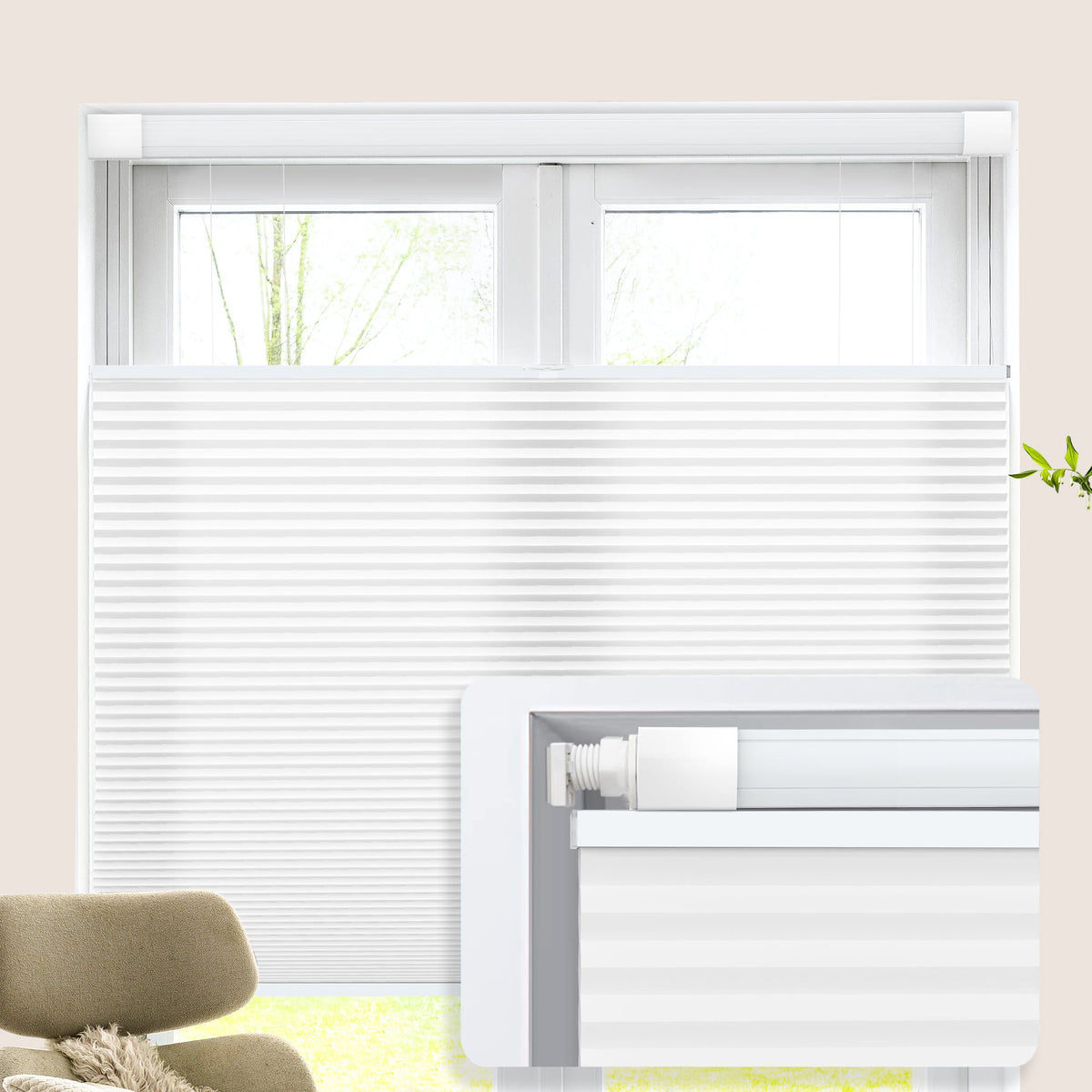 White top-down bottom-up no-drill cellular honeycomb shade: on a window
