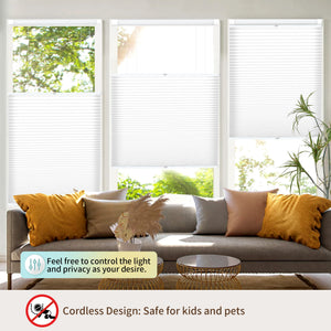 White top-down bottom-up no-drill cellular honeycomb shade: above a window seat