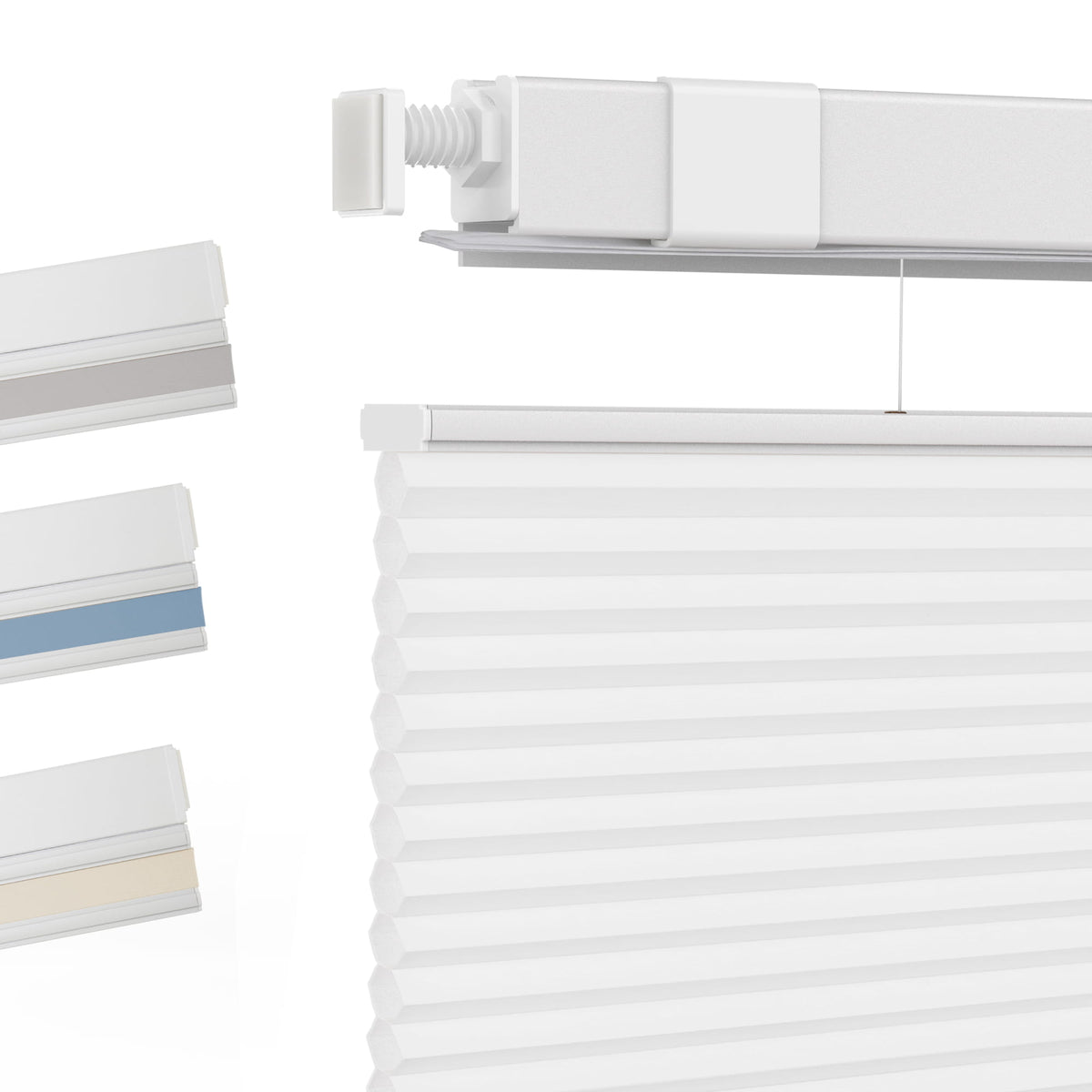 White top-down bottom-up no-drill cellular honeycomb shade: fabric texture and color samples