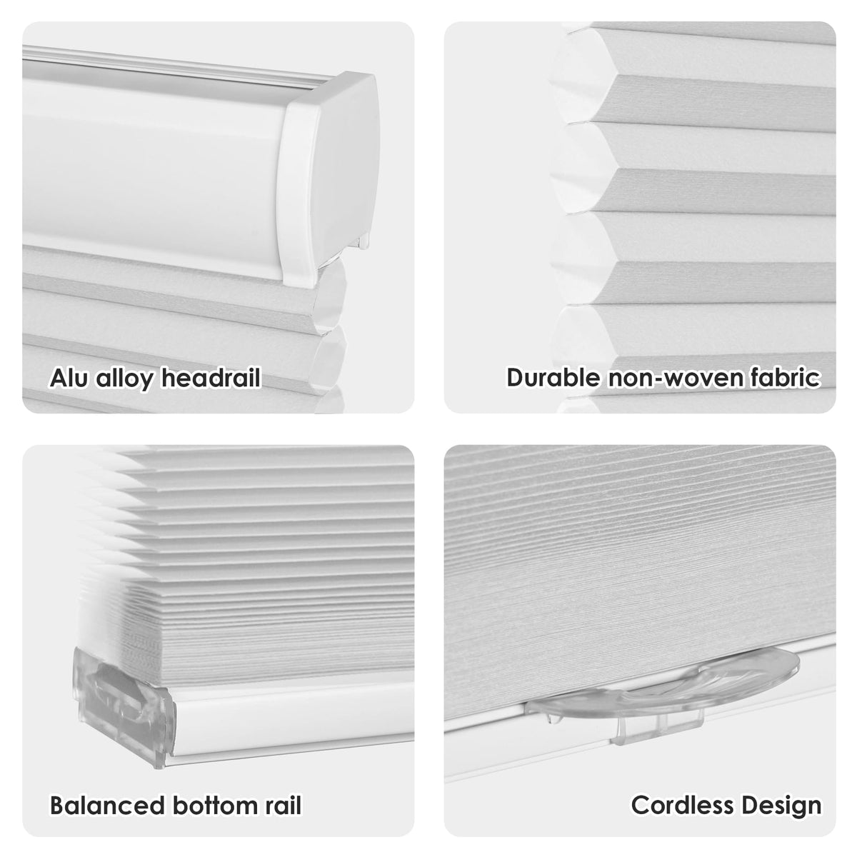 White cellular honeycomb shade: headrail, fabric and bottom rail details