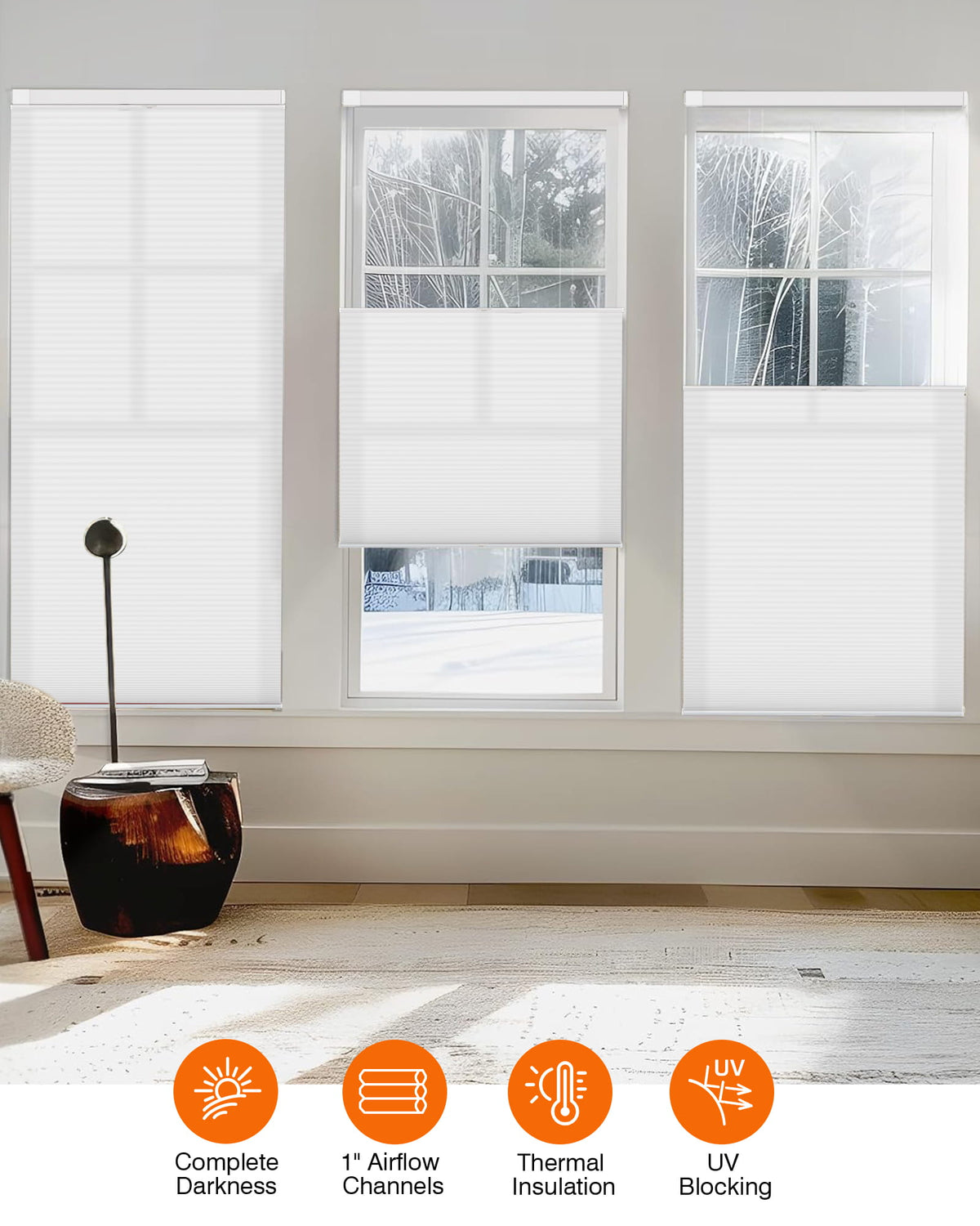 White top-down bottom-up no-drill cellular honeycomb shade: on paired windows