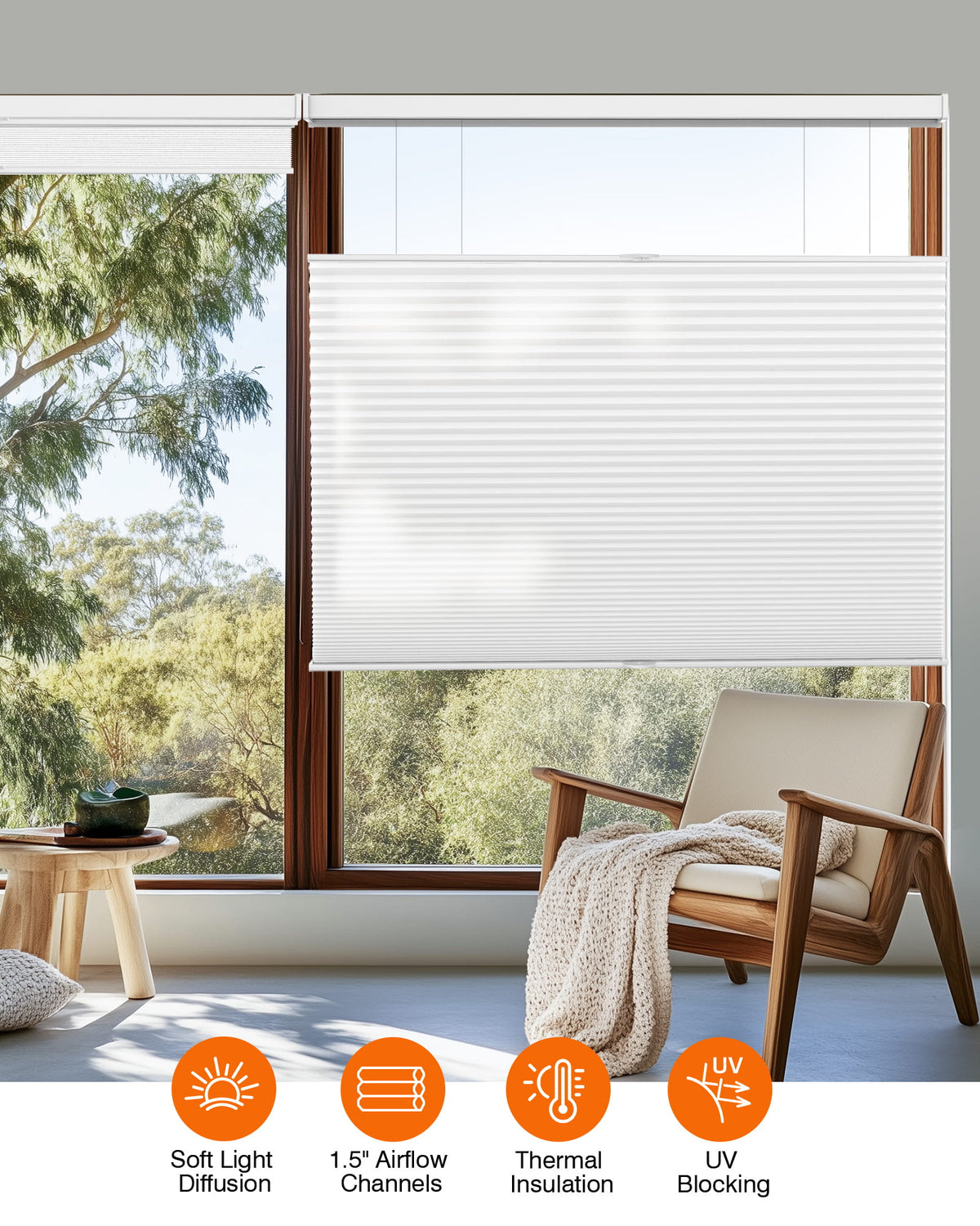 White top-down bottom-up cellular honeycomb shade: in a furnished room