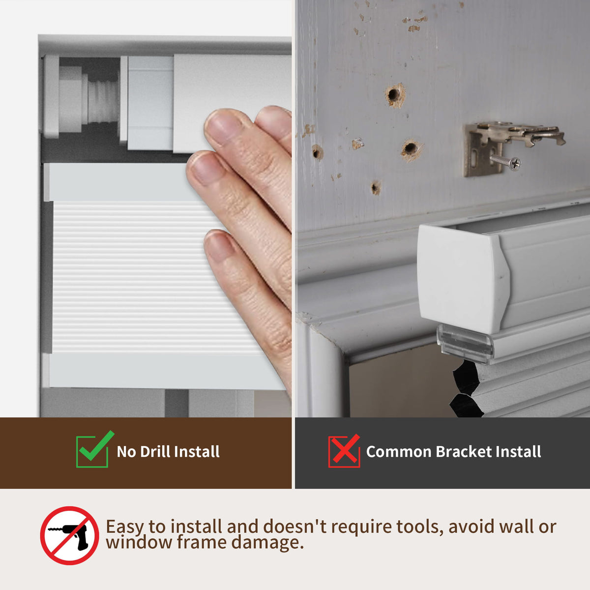 White top-down bottom-up no-drill cellular honeycomb shade: no-drill mounting hardware comparison