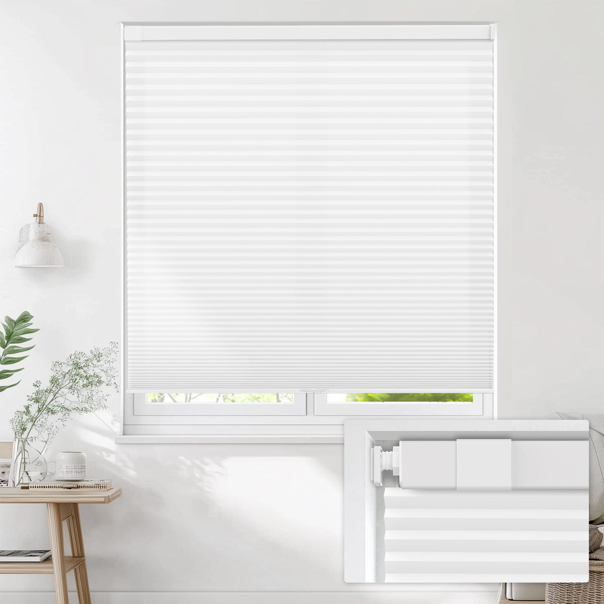 White no-drill cellular honeycomb shade: on a window