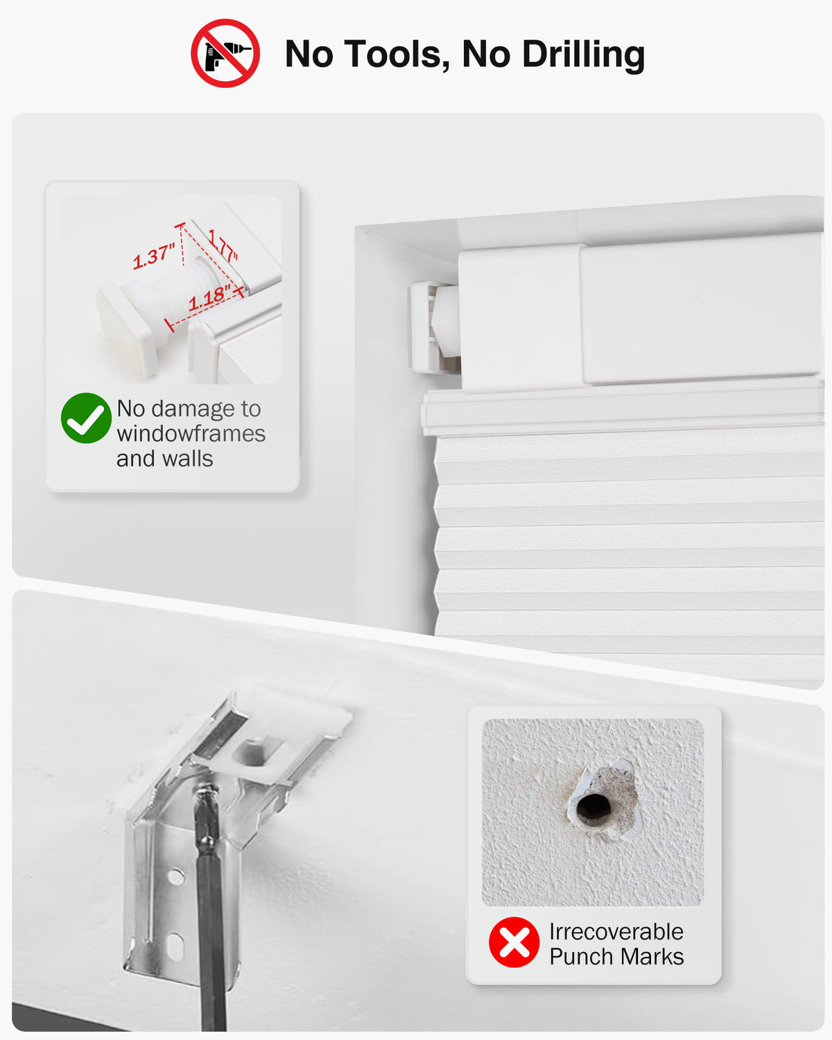 White top-down bottom-up no-drill cellular honeycomb shade: no-drill mounting hardware comparison