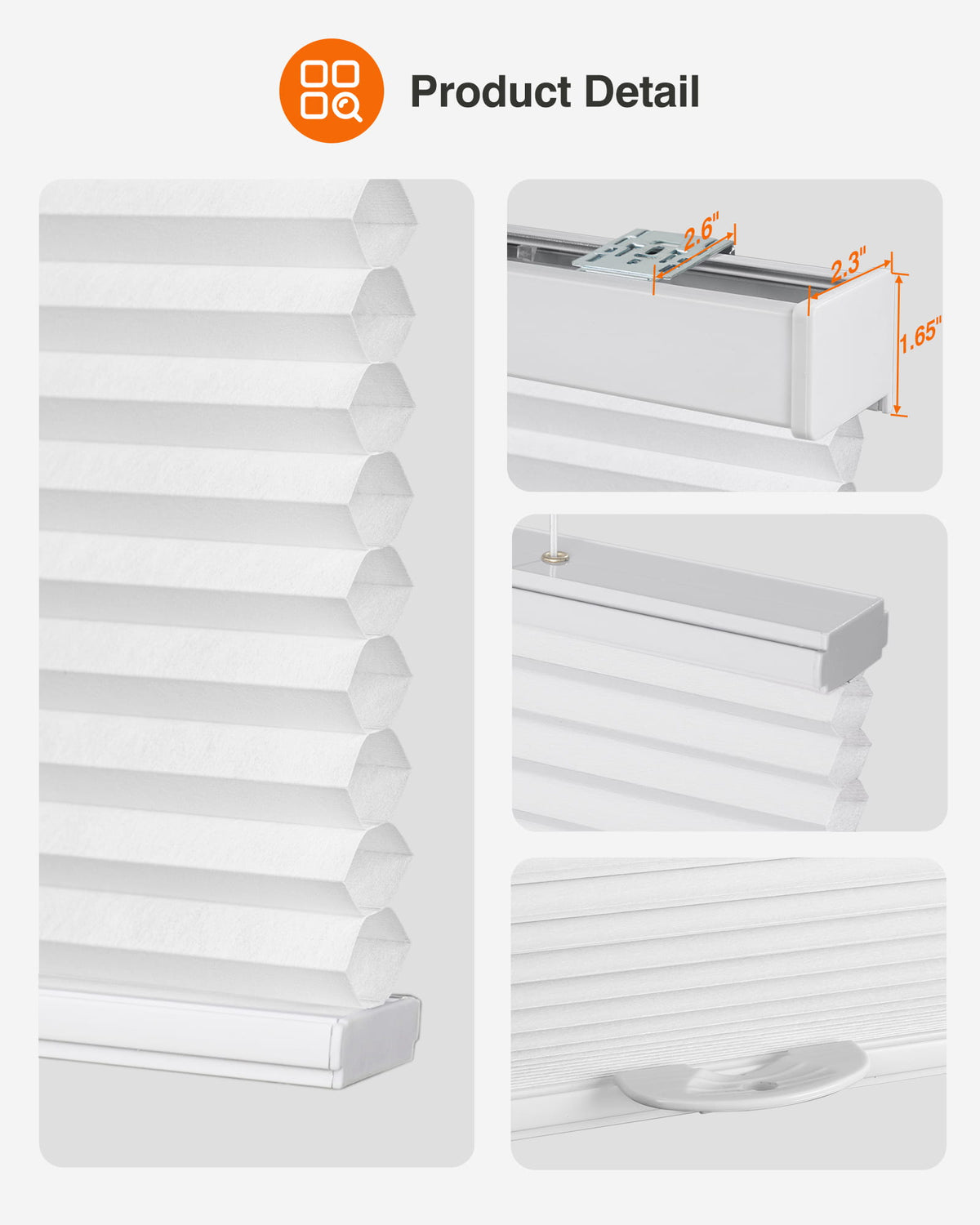 White top-down bottom-up cellular honeycomb shade: headrail, fabric and bottom rail details