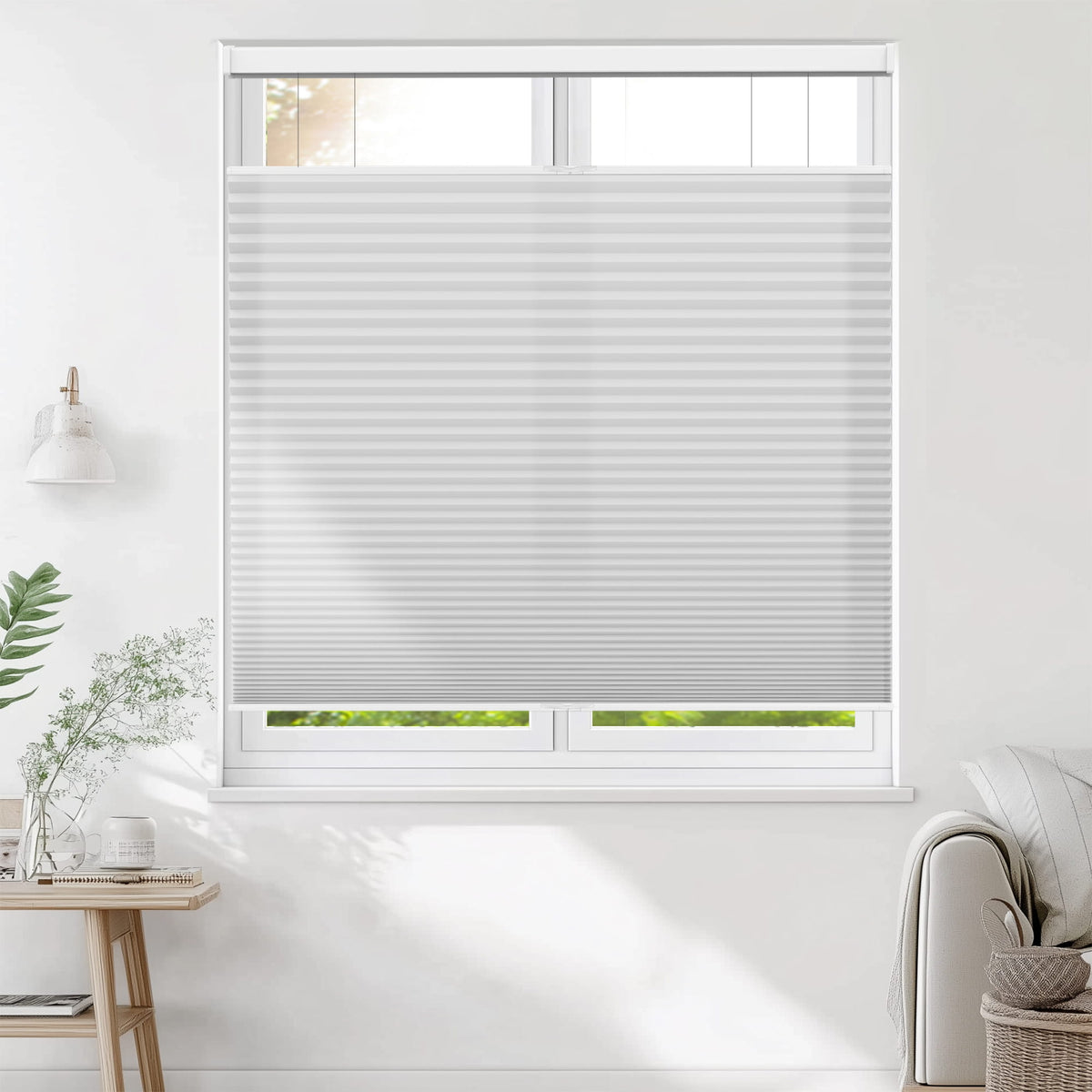 Gray top-down bottom-up cellular honeycomb shade: on a window
