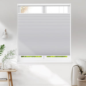 Gray top-down bottom-up cellular honeycomb shade: on a window