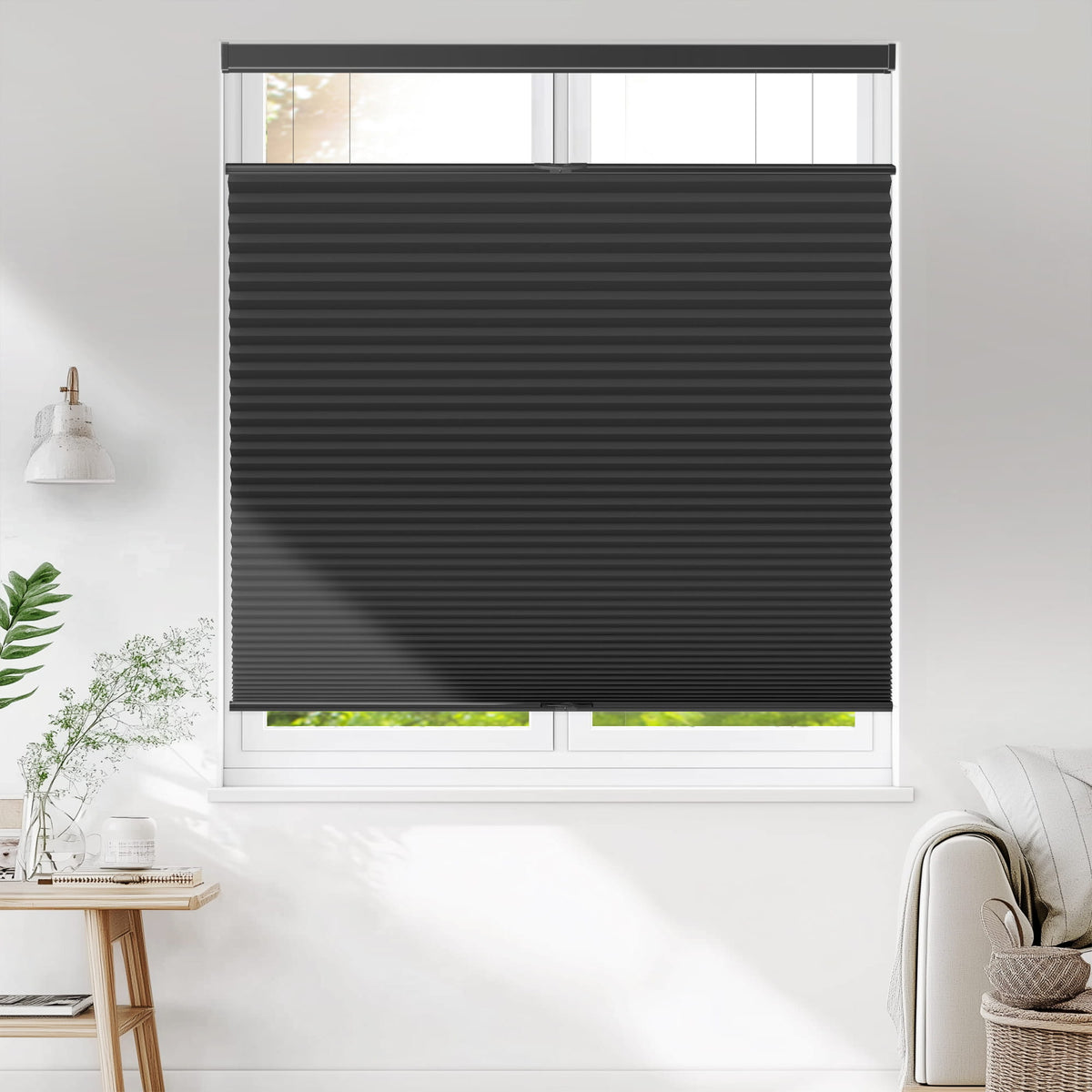 Black top-down bottom-up cellular honeycomb shade: on a window