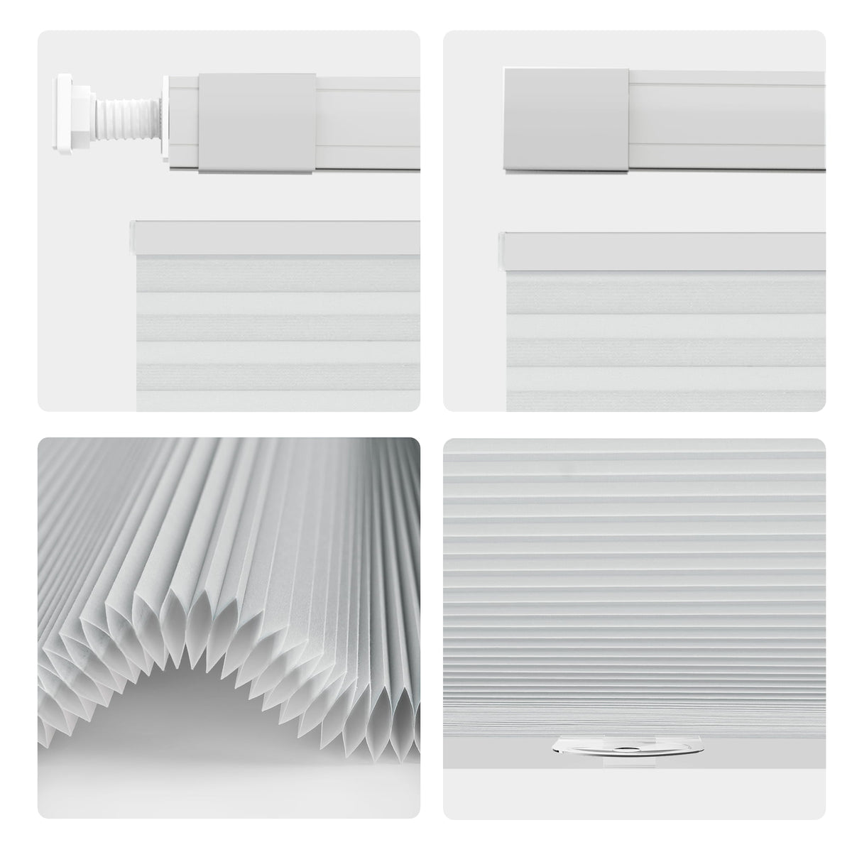 Light gray top-down bottom-up no-drill cellular honeycomb shade: headrail, fabric and bottom rail details