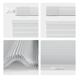 Light gray top-down bottom-up no-drill cellular honeycomb shade: headrail, fabric and bottom rail details