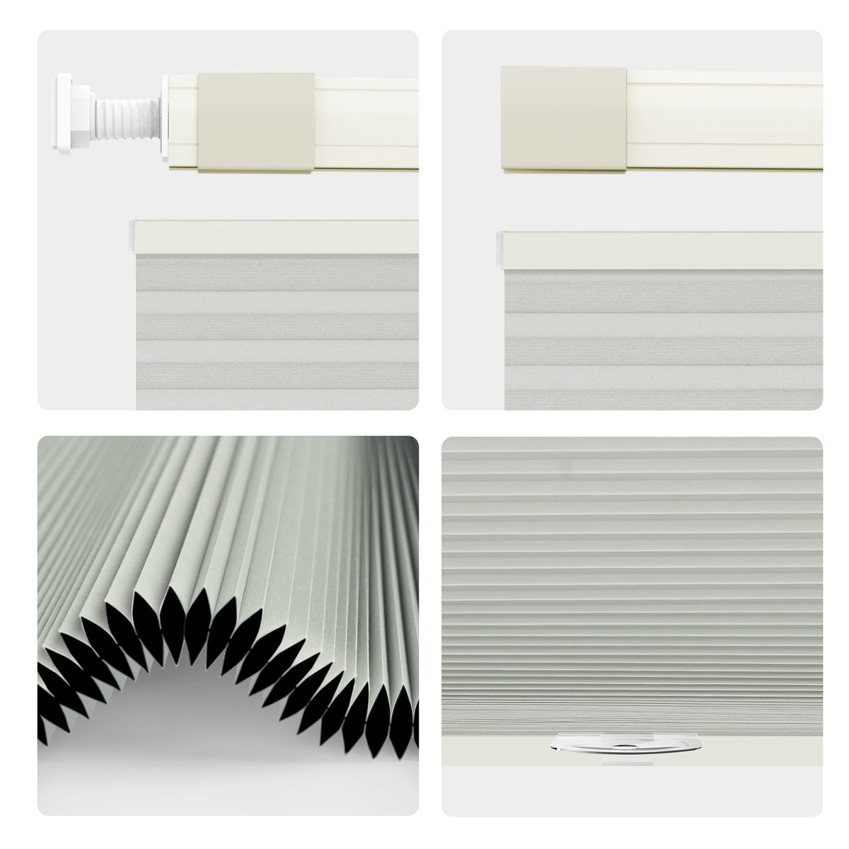 Off-white top-down bottom-up no-drill cellular honeycomb shade: headrail, fabric and bottom rail details