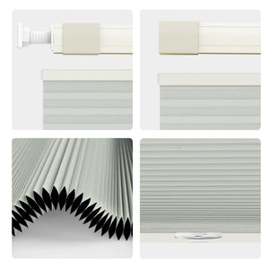 Off-white top-down bottom-up no-drill cellular honeycomb shade: headrail, fabric and bottom rail details
