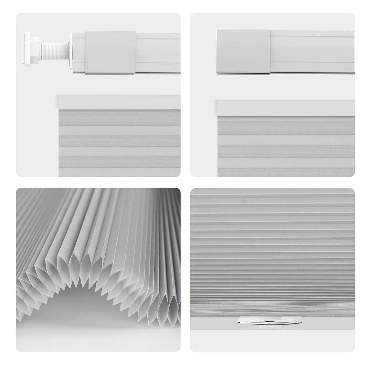 Gray top-down bottom-up no-drill cellular honeycomb shade: headrail, fabric and bottom rail details