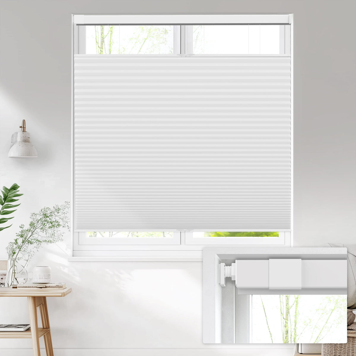 White top-down bottom-up no-drill cellular honeycomb shade: on a window