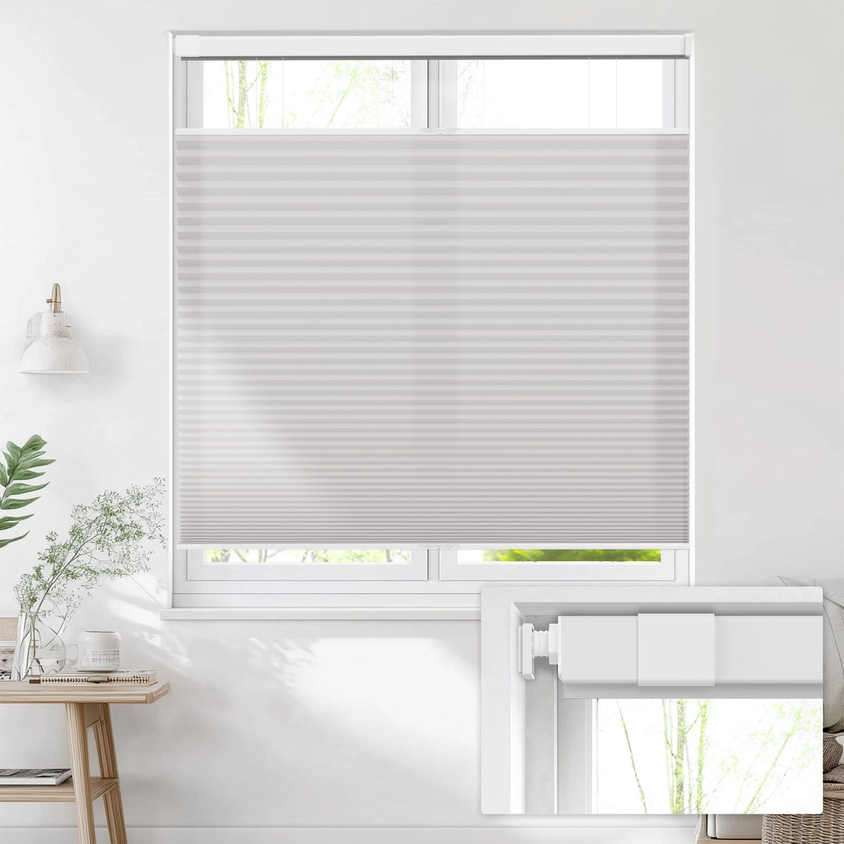 Gray top-down bottom-up no-drill cellular honeycomb shade: on a window