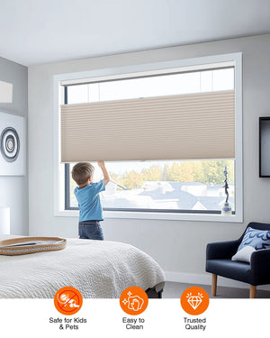Taupe top-down bottom-up cellular honeycomb shade: cordless lift operation