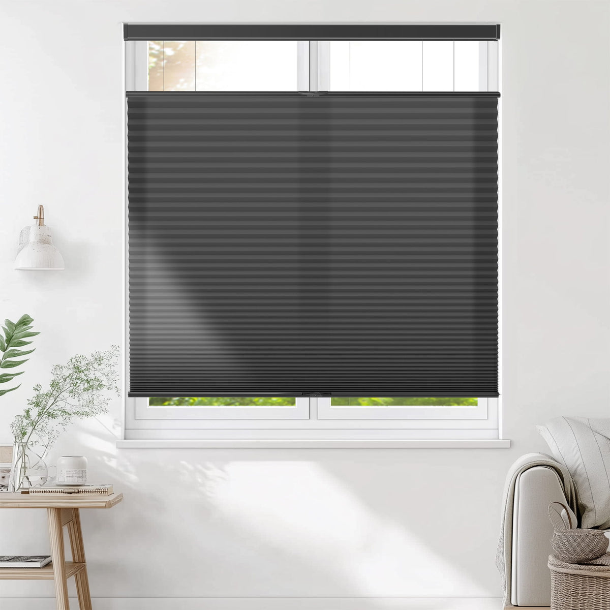 Black top-down bottom-up cellular honeycomb shade: on a window