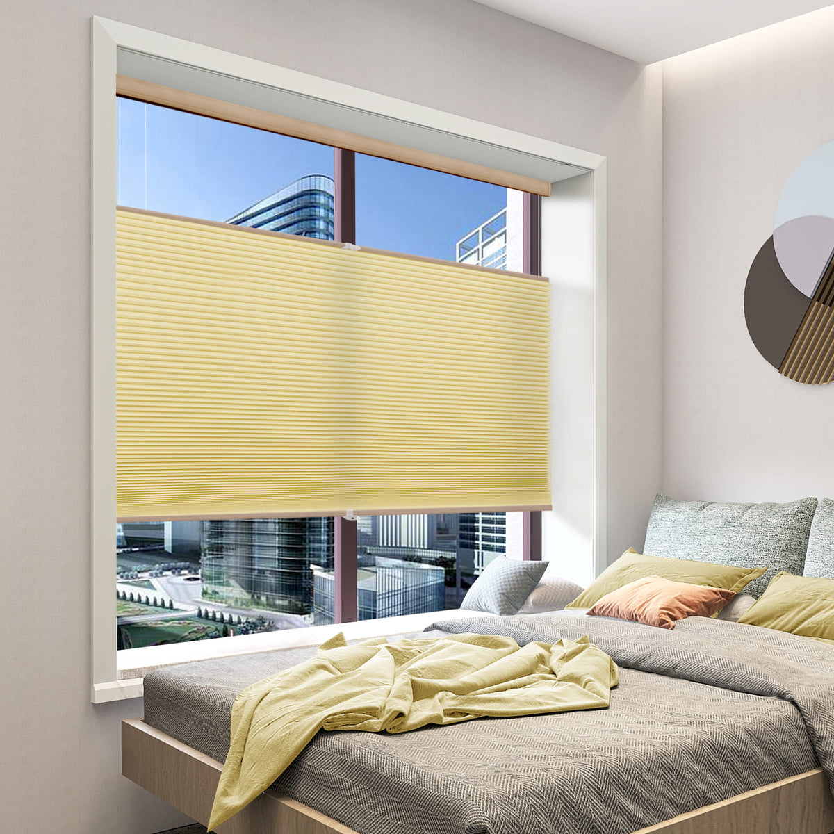 Yellow top-down bottom-up cellular honeycomb shade: in a bedroom