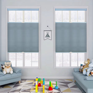 Blue top-down bottom-up cellular honeycomb shade: on paired windows