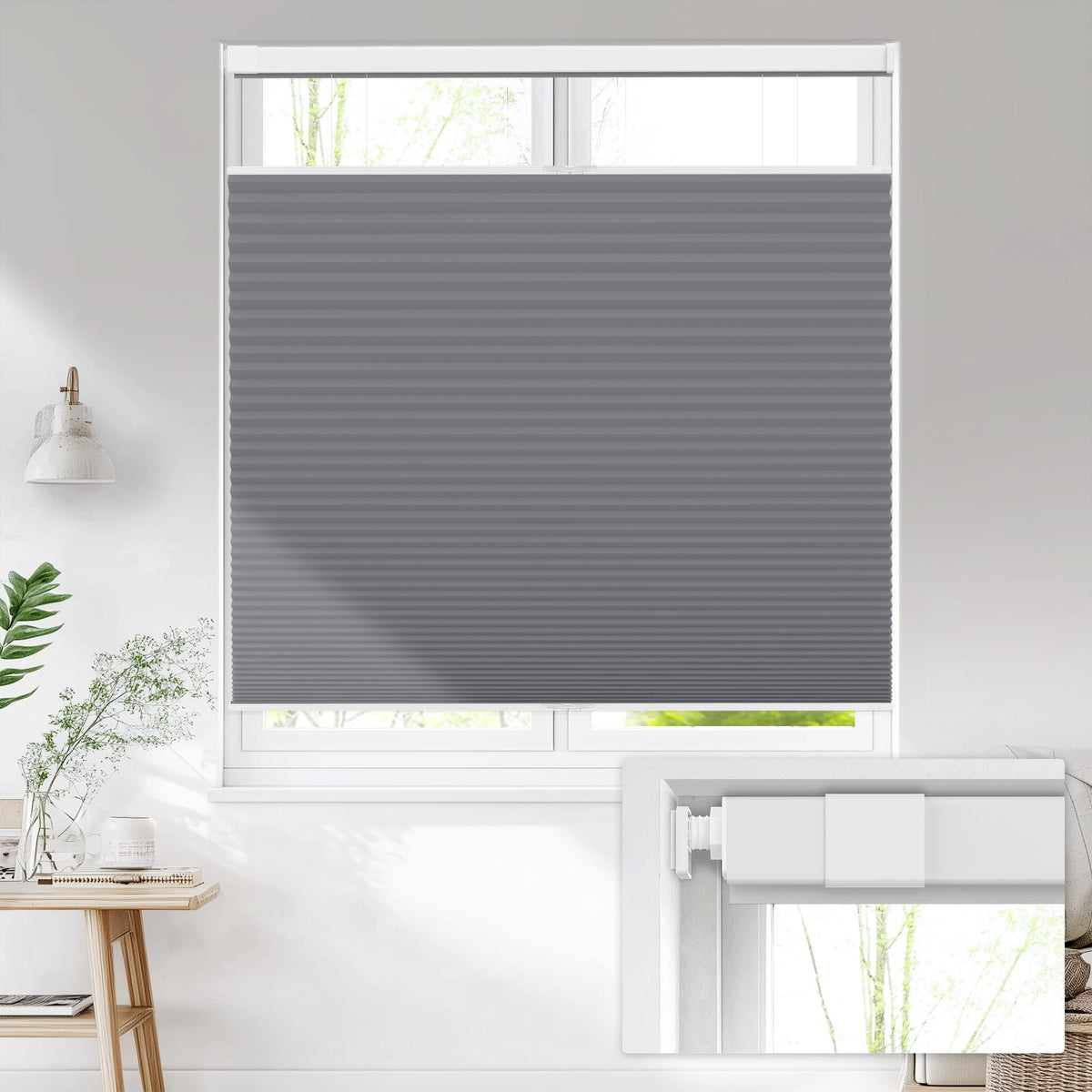 Dark gray top-down bottom-up no-drill cellular honeycomb shade: on a window