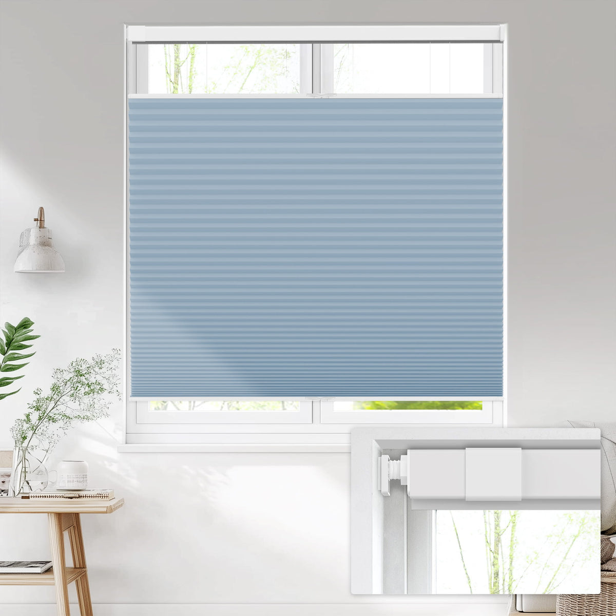 Blue top-down bottom-up no-drill cellular honeycomb shade: on a window