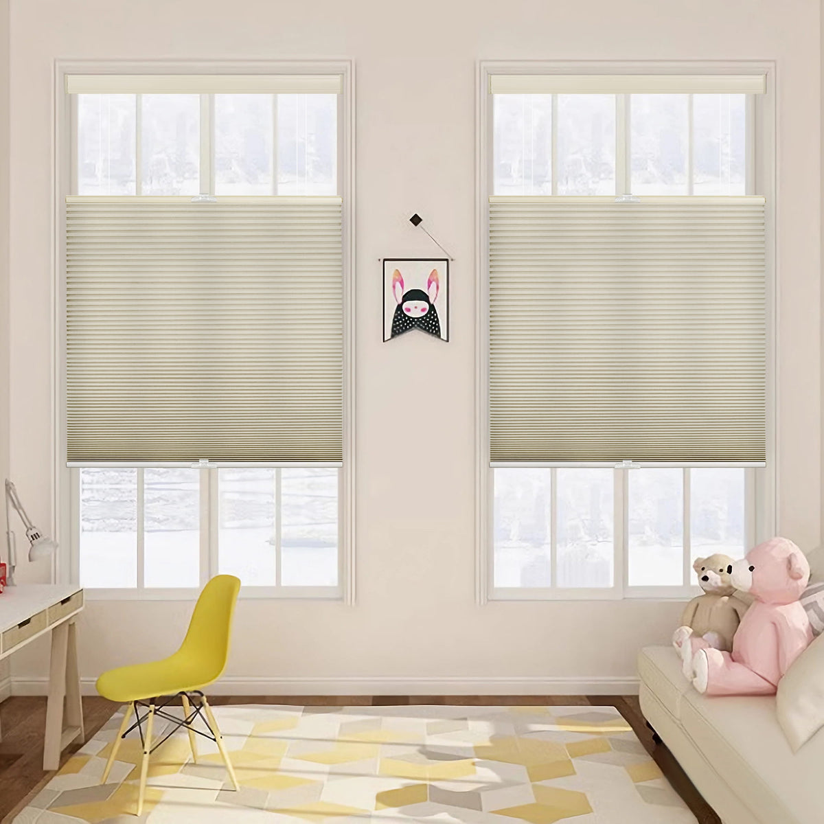 Beige top-down bottom-up cellular honeycomb shade: on paired windows