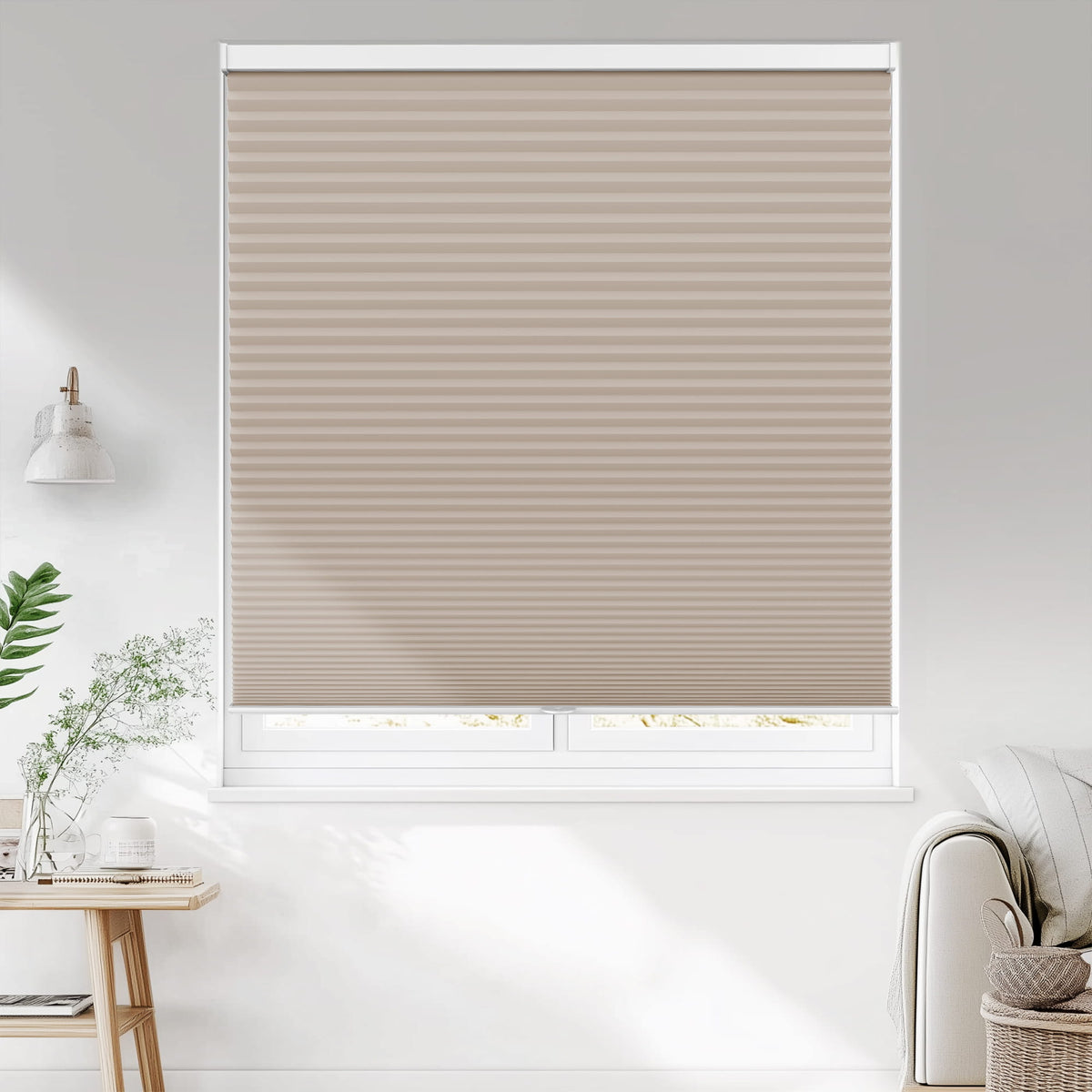Taupe cellular honeycomb shade: on a window