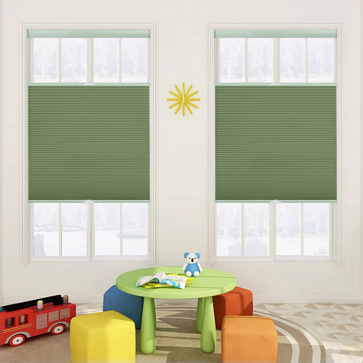 Green top-down bottom-up cellular honeycomb shade: on paired windows