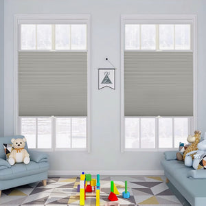 Gray top-down bottom-up cellular honeycomb shade: on paired windows
