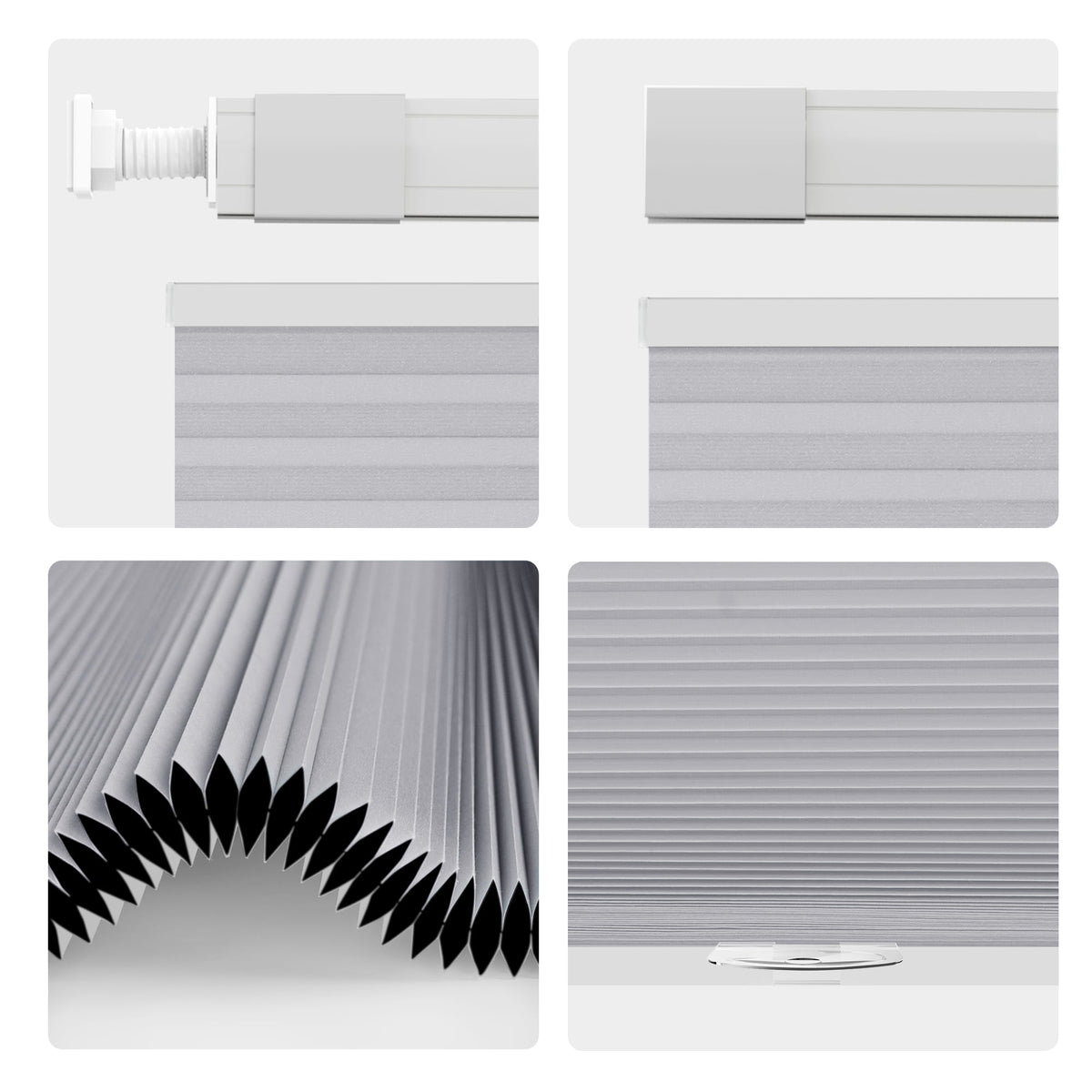 Gray top-down bottom-up no-drill cellular honeycomb shade: headrail, fabric and bottom rail details